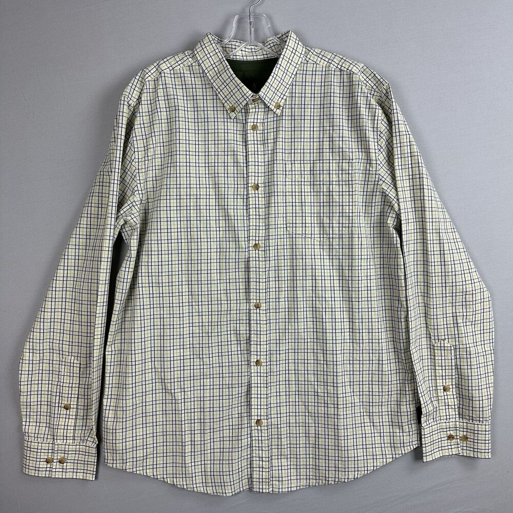Prana Shirt Men's Large Button Up Long Sleeve Plaid Casual Outdoor Yellow Green